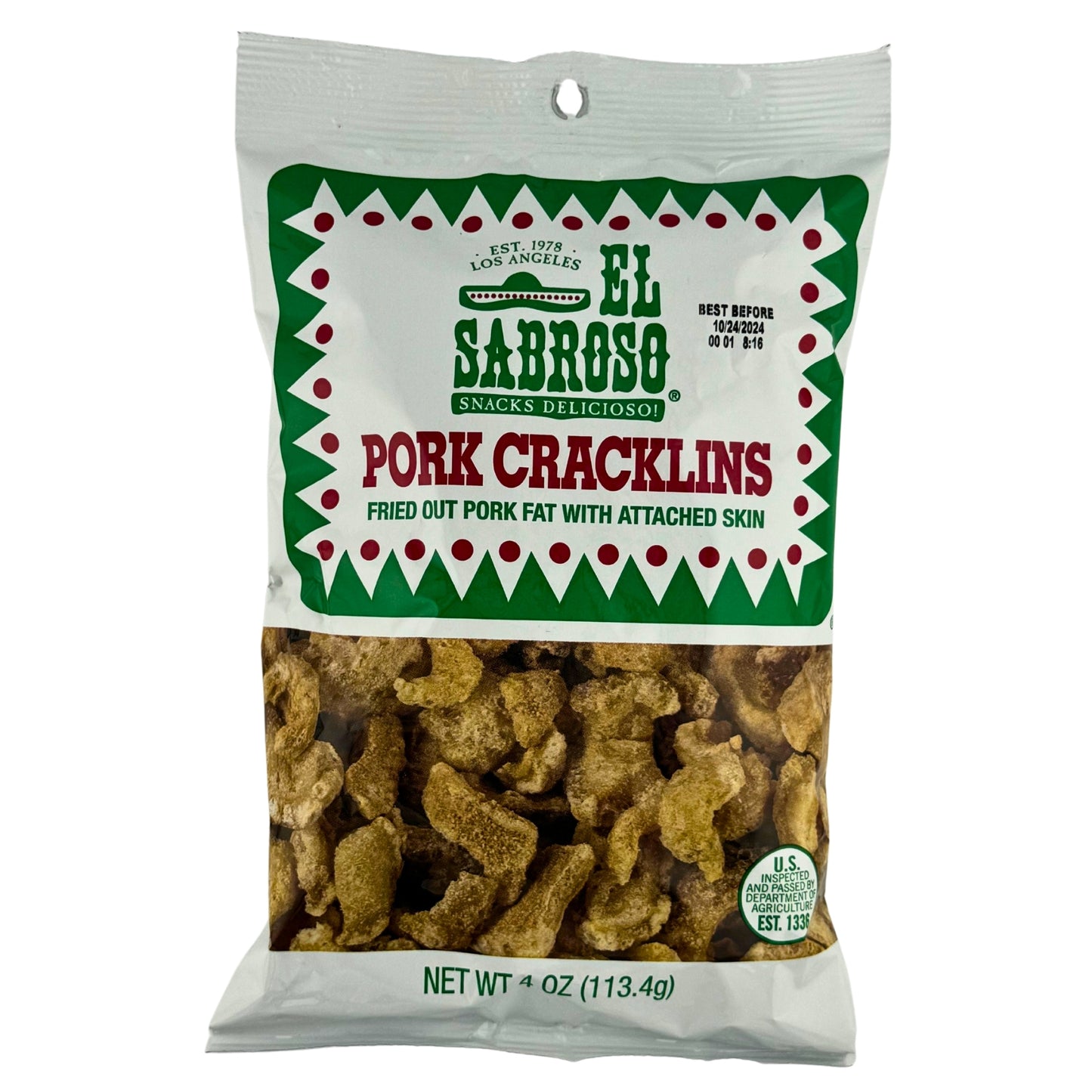 Front image of El Sabroso Pork Cracklins 113.4g