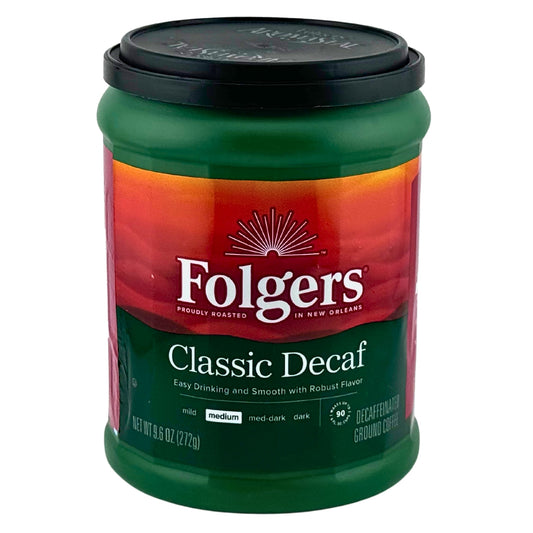 Front of Folgers Classic Decaf 9.6oz