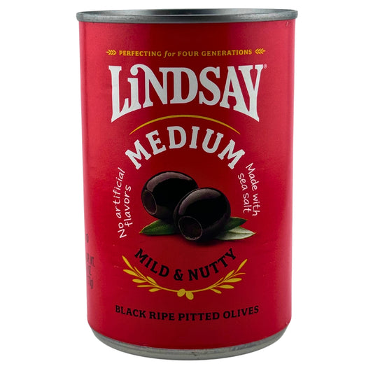 Front image of Lindsay Medium Mild & Nutty Black Ripe Pitted Olives 6oz