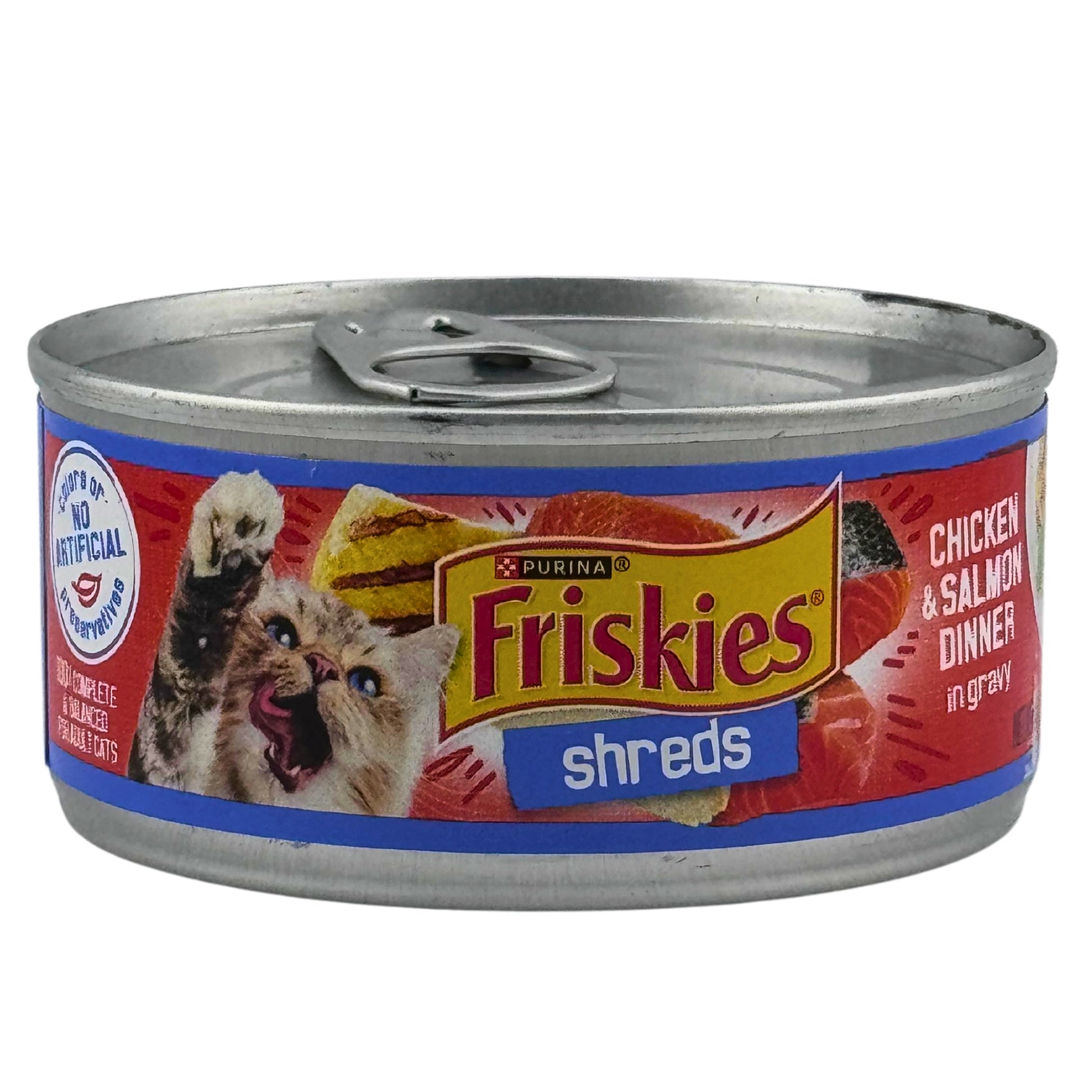 Front image of Purina Friskies Shreds Chicken & Salmon Dinner In Gravy 5.5oz