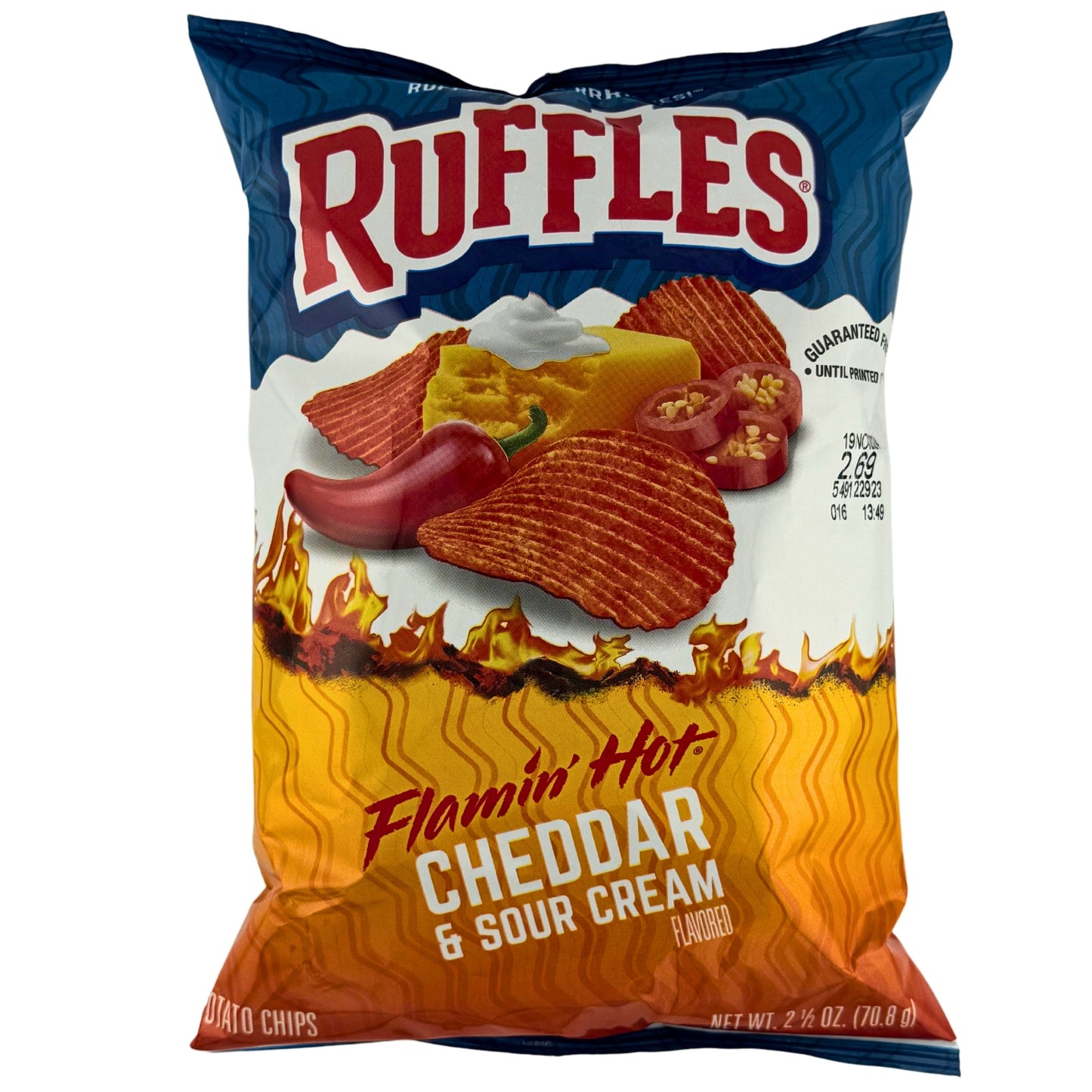 Front image of Ruffles Flamin Hot Cheddar & Sour Cream 70.8g